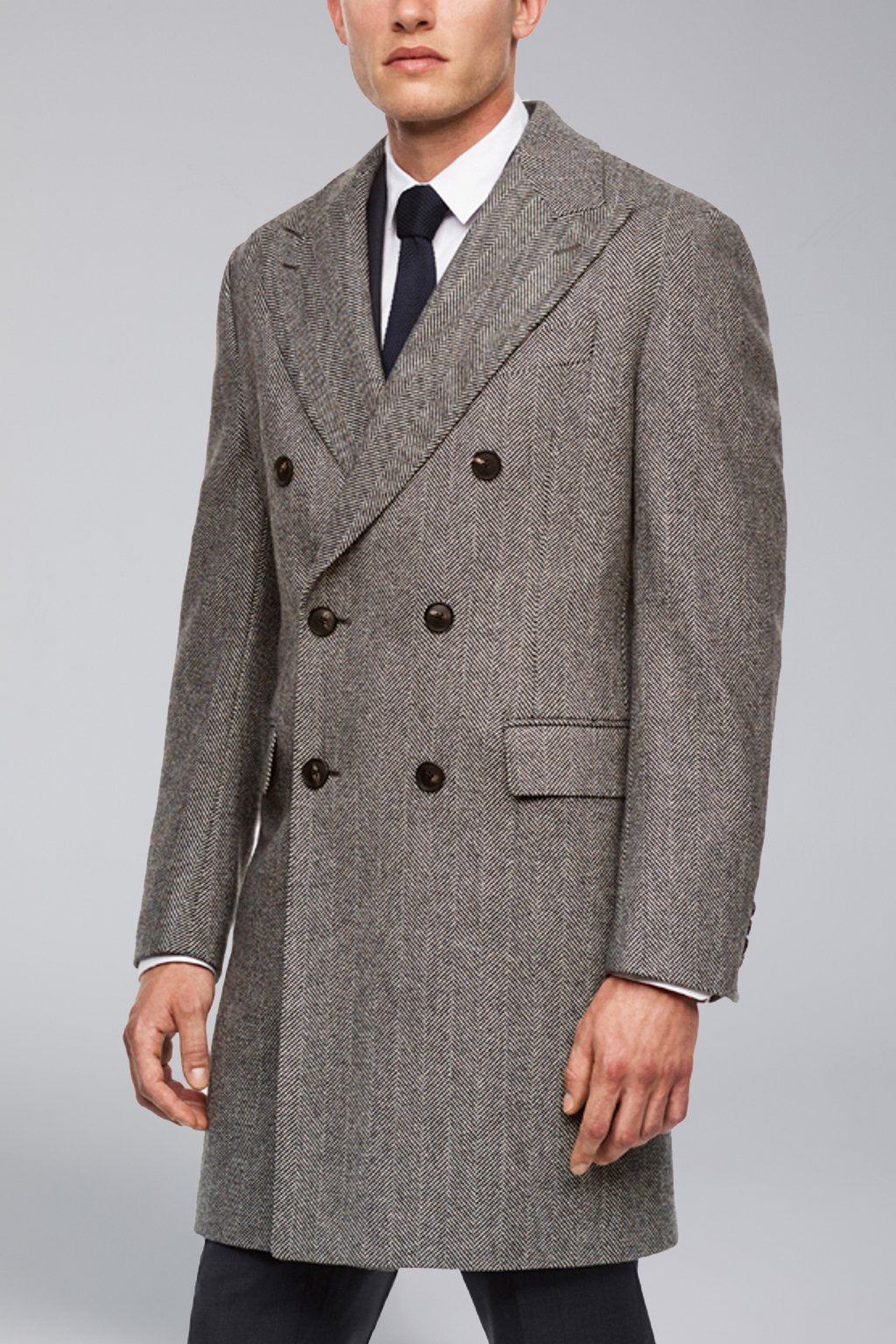 Men's wool double breast overcoat,peak lapel fully lined slim fit